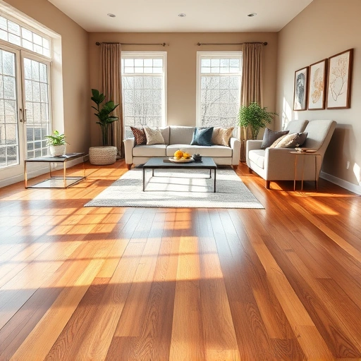 Elegant hardwood flooring in a stylish living room with modern furniture and natural light in Hinsdale IL.