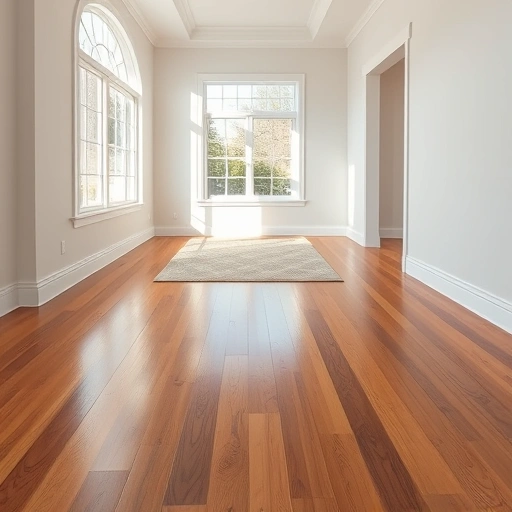 Spacious room with polished hardwood flooring, large windows, white baseboards, and a stylish area rug in Darien IL.