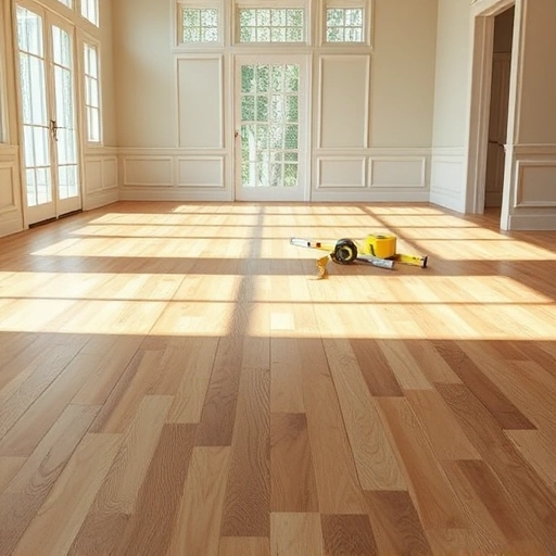 Completed wooden subfloor replacement in a spacious, well-lit room in Darien IL with soft wall colors and tools nearby.