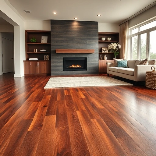 Engineered hardwood flooring installation in Darien IL featuring dark tones, modern fireplace, and elegant decor.