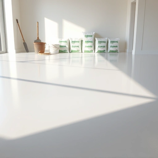 Self-leveling underlayment installation in Darien IL with a smooth surface, tools, and a clean, minimalistic room.