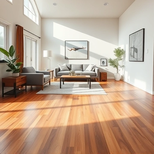 Modern living room in Plainfield IL with polished hardwood floors, stylish rug, and contemporary furniture under sunlight.