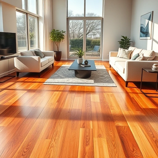 Flawlessly finished hardwood flooring in a modern living room with warm tones, stylish furniture, and natural light.