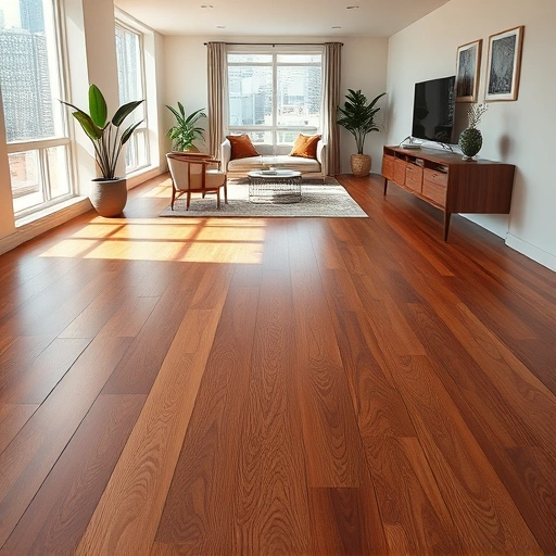 Polished hardwood flooring in a modern Chicago living room with elegant baseboards and soft ambient lighting.