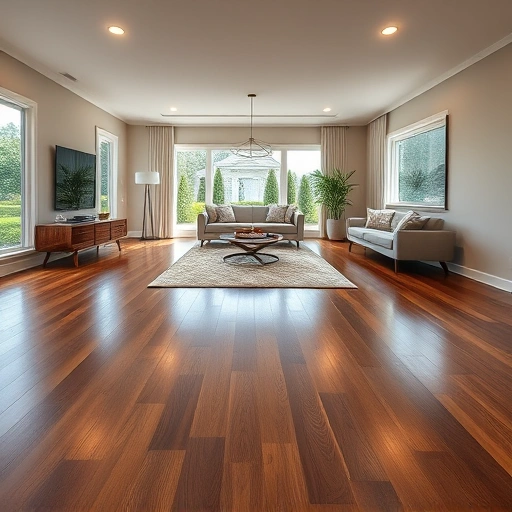 Elegant room in Woodridge, IL with dark oak flooring, modern furniture, and natural light from large windows.