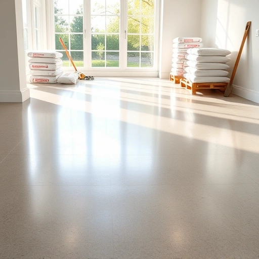 Finished concrete floor leveling project in Darien IL with polished surface, modern baseboards, and organized workspace.