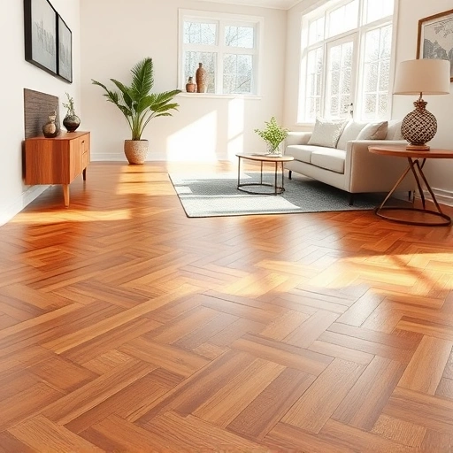 Completed hardwood flooring installation in Naperville, IL featuring herringbone pattern, natural light, and modern decor.