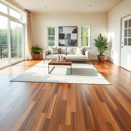 Completed floating floor installation in a stylish Darien IL living room with natural light and modern decor.