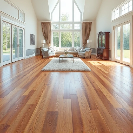Spacious Darien IL living room with polished hardwood floors, large windows, warm tones, and a plush area rug.