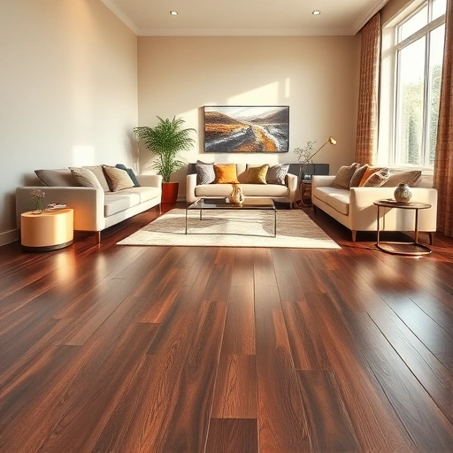 Completed laminate floor installation in a modern living room with dark wood tones and neutral beige walls.