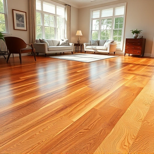 Flooring installation in Addison IL featuring rich polished hardwood, neutral walls, and stylish furnishings in natural light.