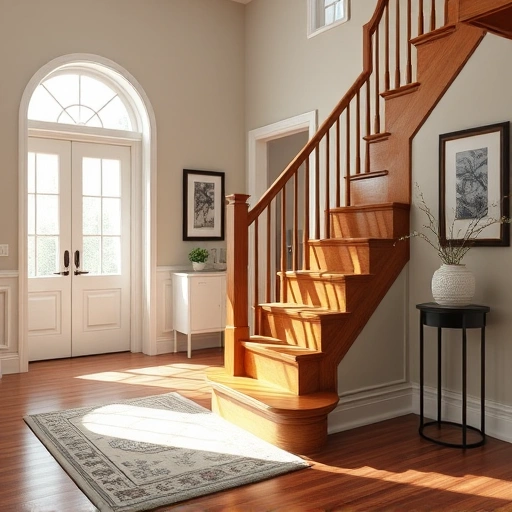 Stair nose installation in Darien IL, showcasing polished wood grain and elegant foyer decor with natural lighting.