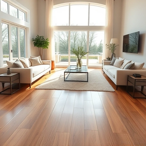 Spacious sunlit living room in Darien IL with warm oak Click-Lock vinyl flooring and modern elegant decor.