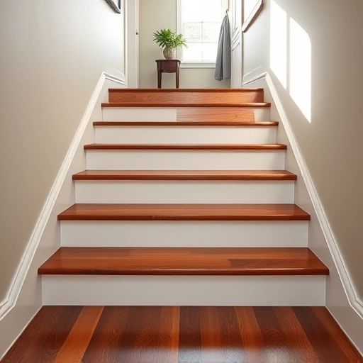 Stair tread installation in Darien IL features polished wood treads and white risers in a softly lit hallway.