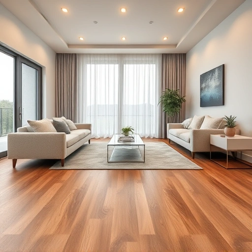 Laminate floor installation in a modern living room with oak finish, stylish furniture, and natural lighting.