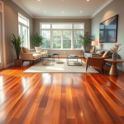Solid hardwood flooring installation in Darien IL with rich wood tones, stylish rug, and modern furniture accents.