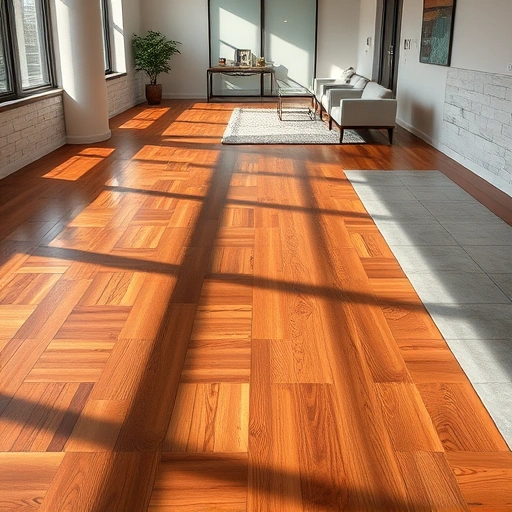 Completed flooring installation in Schererville IN with rich hardwood and modern tile in a minimalistic interior.