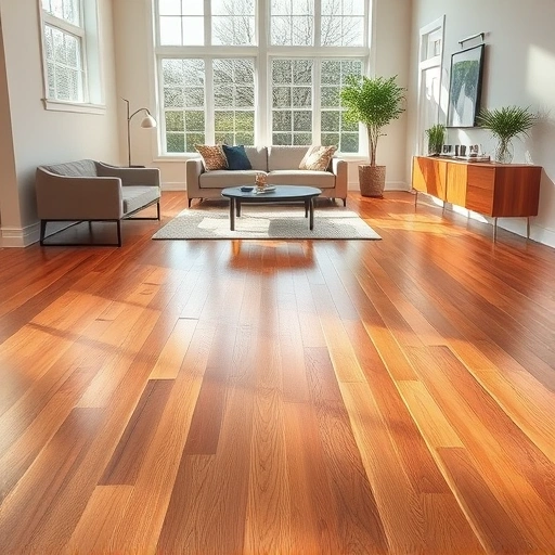 Polished hardwood flooring installation in a modern room with natural light, showcasing rich tones and elegant decor.