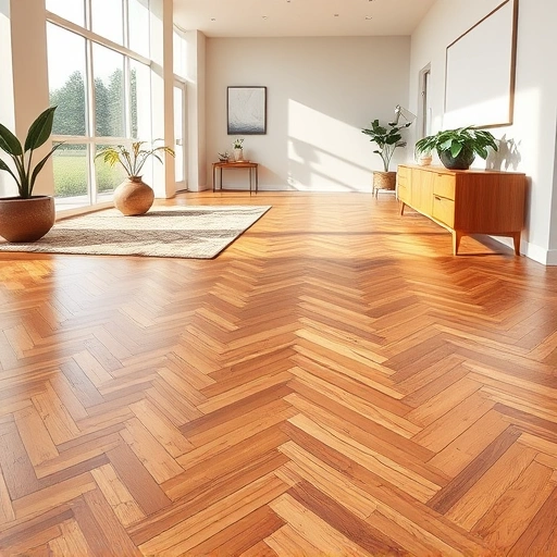 Stunning hardwood flooring installation in Berwyn IL features herringbone pattern, natural light, and elegant decor.