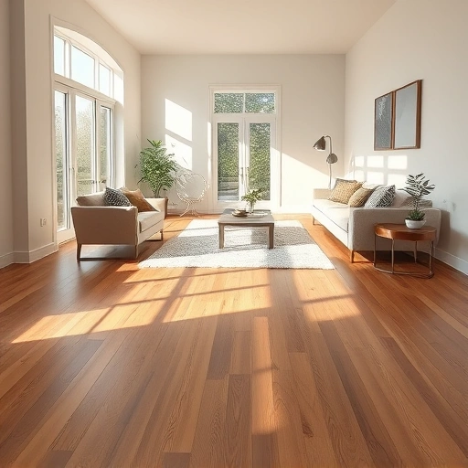 Luxury vinyl plank flooring installation in a spacious, elegant living room with natural wood tones and soft lighting.