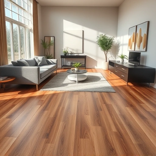 Luxury Vinyl Tile flooring in a modern Darien IL living room with warm wood tones and stylish decor.