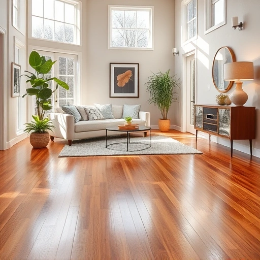 Bright modern living room in Tinley Park IL with polished hardwood floors, stylish furnishings, and serene decor.