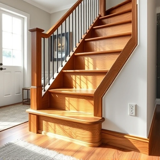 Close-up of a polished wood stair nose installation in a modern Darien IL entryway with elegant decor and natural light.