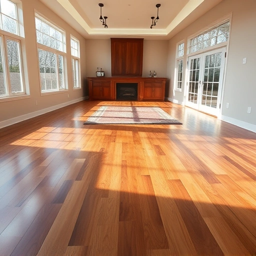 Spacious room in Darien IL with gleaming hardwood floors, neutral walls, and a colorful area rug for elegance.