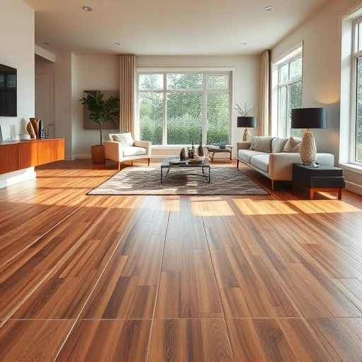 Completed hardwood and tile flooring installation in a modern living room in Clarendon Hills IL with warm lighting.