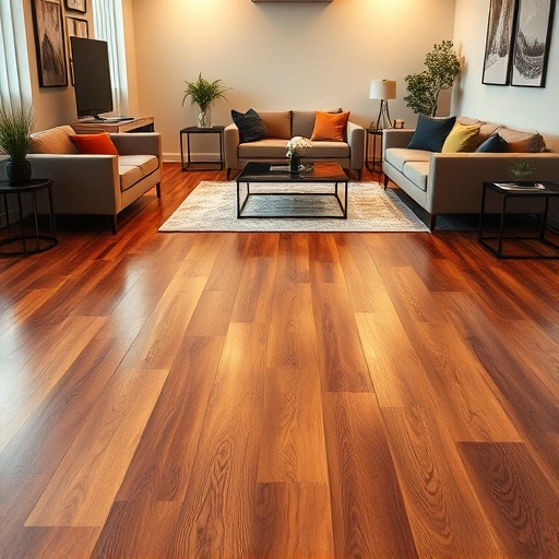 Polished hardwood floor installation in an elegant living space with modern furnishings and warm ambient lighting.