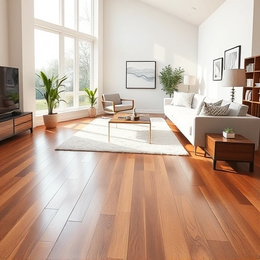 Spacious Elmhurst living room with gleaming hardwood flooring, modern furniture, and warm decor elements.