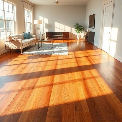 Stunning hardwood flooring installation in Highland IN with warm tones, glossy finish, and minimalistic decor.