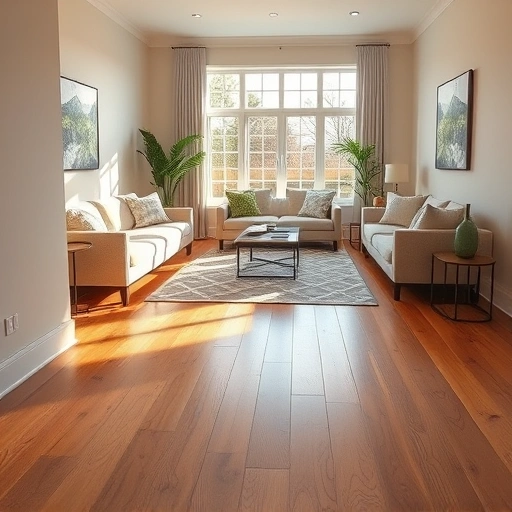 Quarter round molding installation in a Darien IL living room, showcasing rich wood tones and elegant decor.