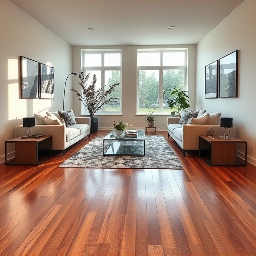 Modern living room in Merrillville IN with elegant hardwood flooring, stylish furniture, and natural light accents.