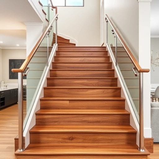 Elegant wooden stair treads with stainless steel railings in a modern Darien IL home interior. Warm lighting enhances design.