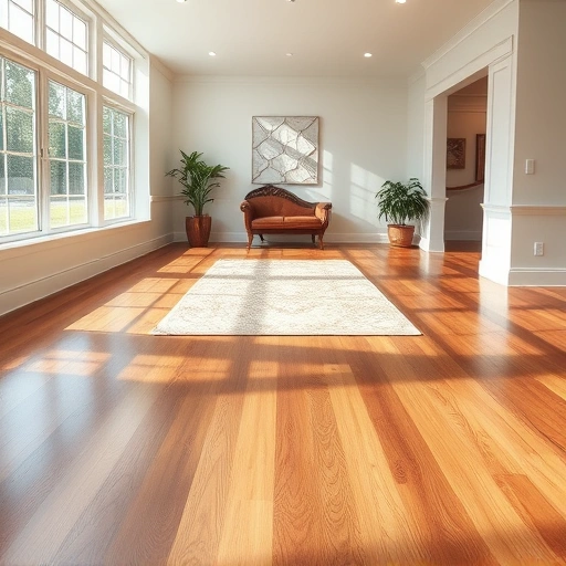 Spacious room with polished hardwood floors, rich tones, neutral walls, large windows, and stylish decor elements.