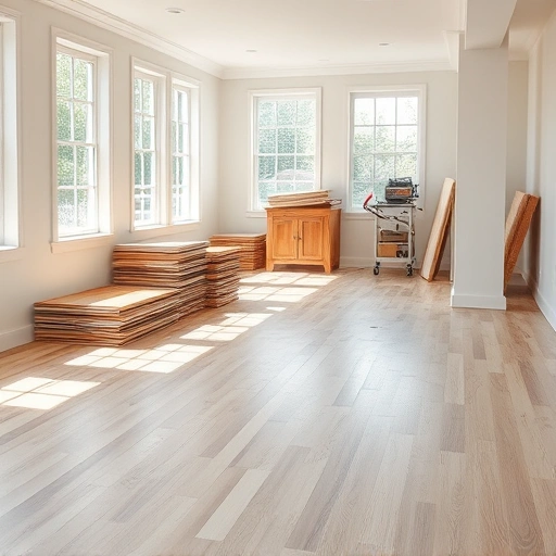 Completed flooring removal project in Darien IL with stripped floors and organized materials in a clean, spacious room.