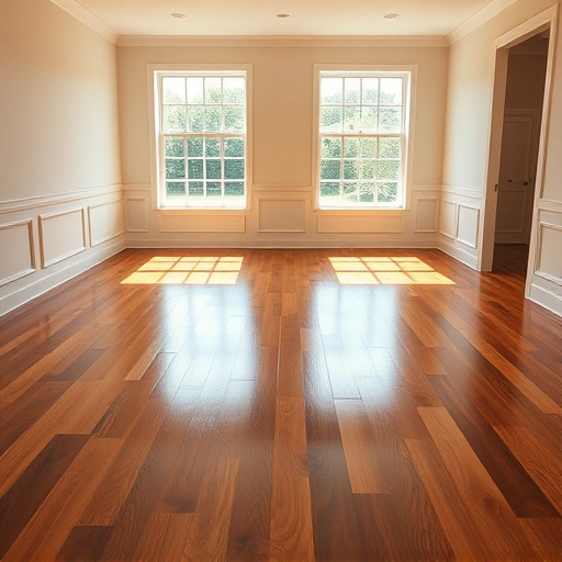 Spacious room in Darien IL with polished hardwood floors in rich cherry or light oak under soft lighting.