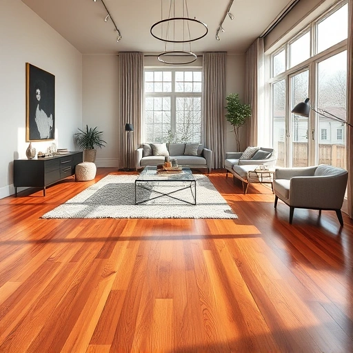 Beautiful hardwood flooring installation in Oak Park IL with rich mahogany color, modern decor, and natural light.
