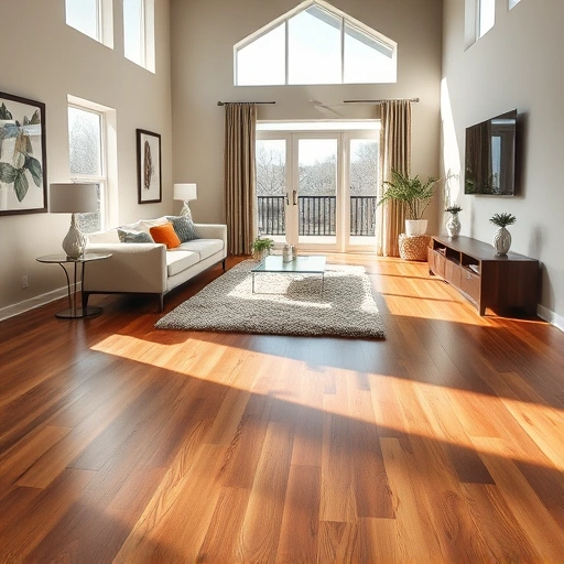 Spacious living room in Merrillville IN featuring warm hardwood flooring, modern decor, and ample natural light.