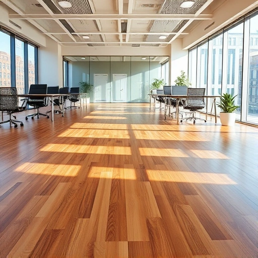 Modern Chicago office with polished hardwood floor, minimalist furniture, and bright natural lighting.