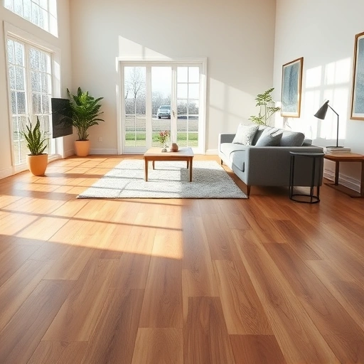 Click-Lock Vinyl installation in a bright Darien IL living room with warm oak planks, modern furniture, and cozy accents.