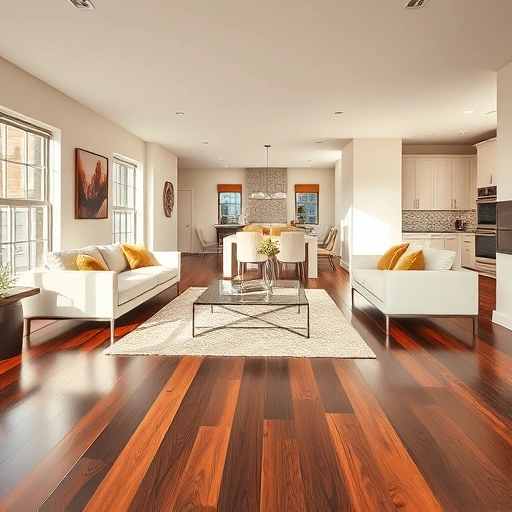 Spacious living room in Oak Brook IL with dark hardwood flooring, modern furniture, and natural light accentuating design.