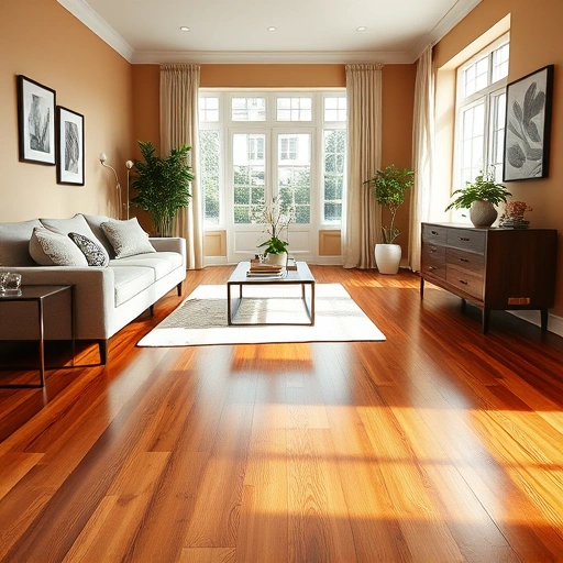 Elegant living room in Elmhurst IL with gleaming hardwood flooring, stylish furniture, and warm decor.