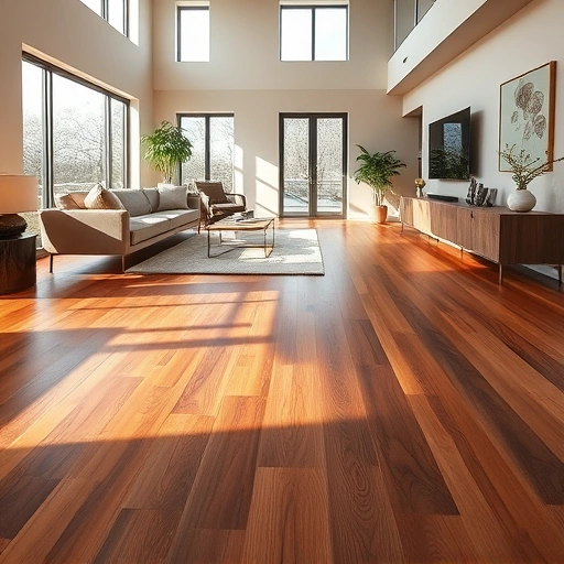 Flooring installation in a modern Villa Park living room with rich hardwood and elegant tile under soft lighting.
