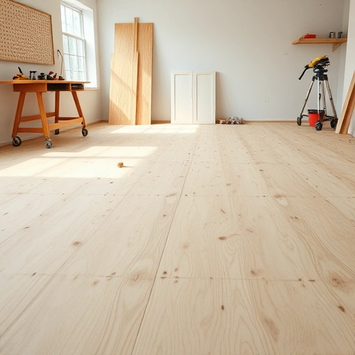 Subfloor preparation in Darien IL showcasing a smooth plywood surface and organized workshop tools for quality craftsmanship