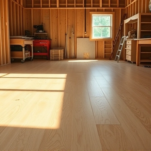 Subfloor replacement in Darien IL showcasing polished plywood sheets over joists in a professional workshop setting.
