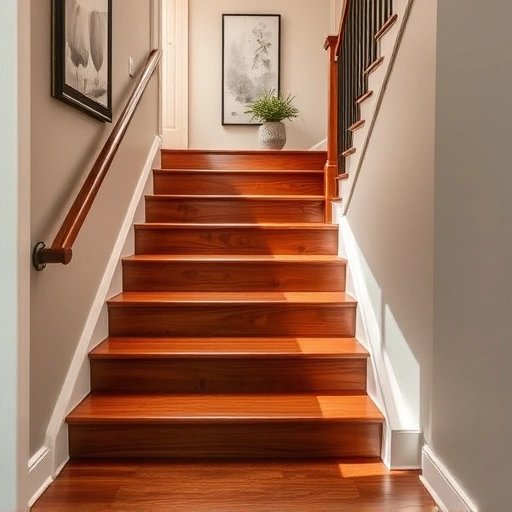 Beautifully finished hardwood stair treads in Darien IL, featuring polished surfaces and elegant decor in a modern entryway.
