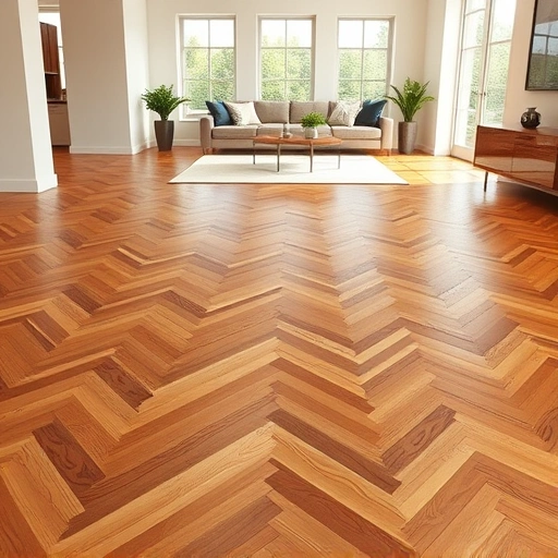Flooring installation in Highland IN featuring herringbone hardwood planks in a stylish, well-lit room.
