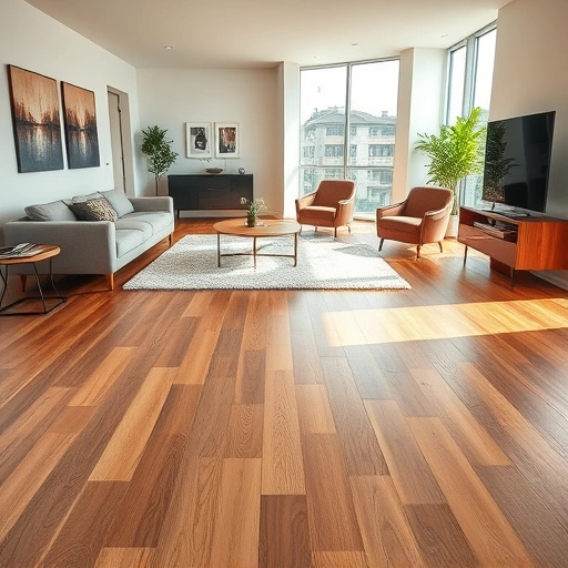 Elegant hardwood flooring installation in Joliet IL with modern furniture and natural light creating a warm ambiance.